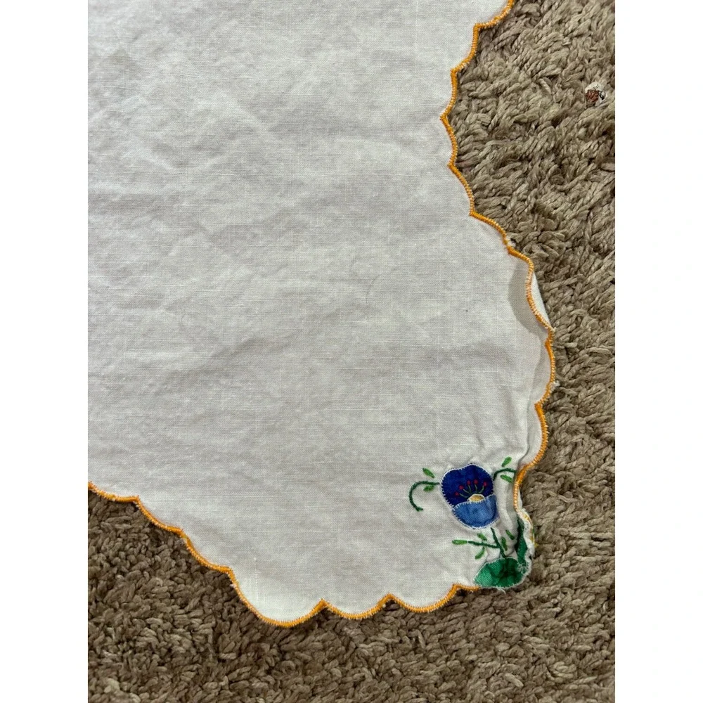 Vintage Hand Embroidered Floral Linen Napkin Table Mat Tea Party Coquette Vanity